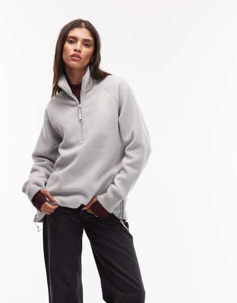 ARKET pull on fleece jacket with funnel neck and raglan sleeves in light grey - view 1