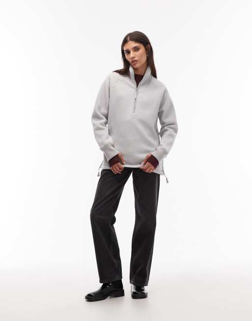 ARKET pull on fleece jacket with funnel neck and raglan sleeves in light grey, 3 of 4
