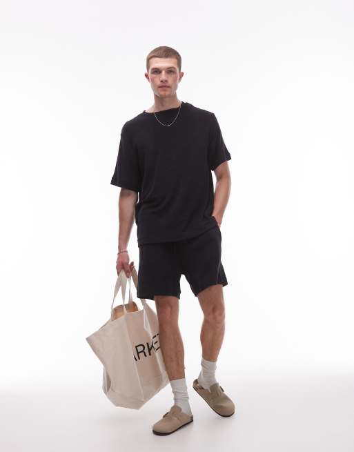 ARKET pull on soft touch towelling shorts in black