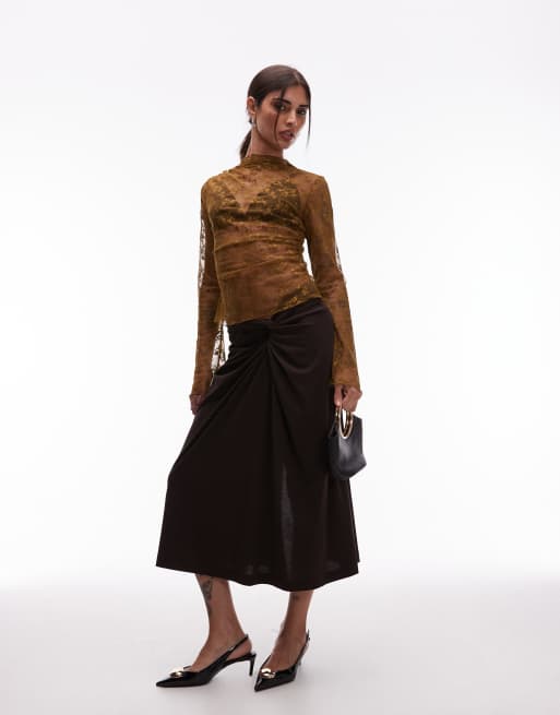 ARKET pull on stretch midi skirt with twist detail in dark brown