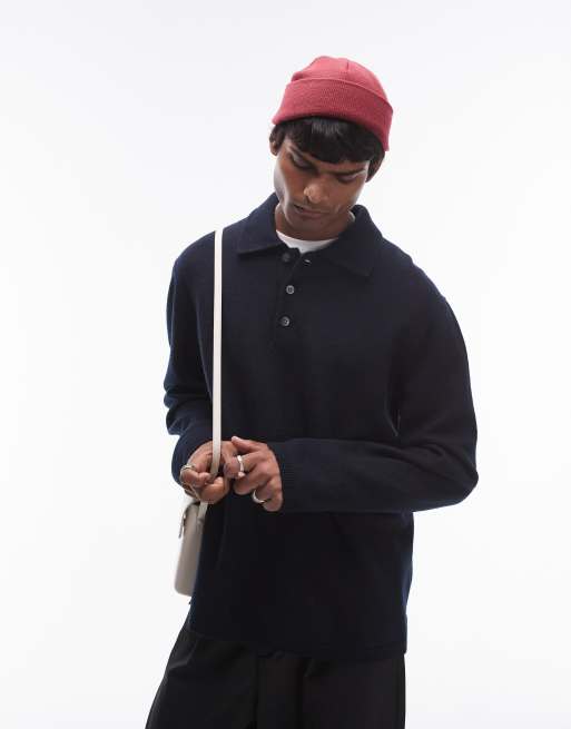 ARKET – Pullover aus gekochter Wolle in Blau mit Polokragen mit Knopfleiste