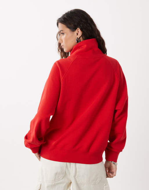 ARKET Pullover aus reiner Baumwolle mit langem Ärmel und Half-Zip in leuchtendem Rot, 3 von 4