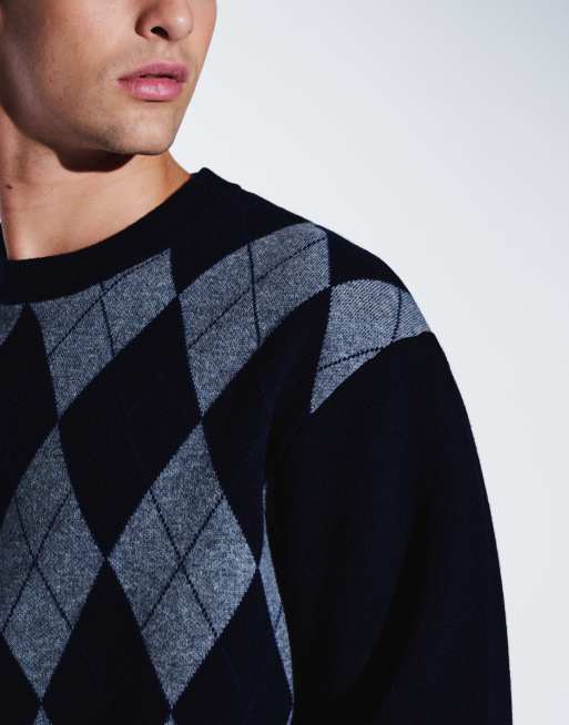 ARKET Pullover aus reiner Merinowolle mit Argyle-Muster und Rundhalsausschnitt in Dunkelblau, 2 von 5