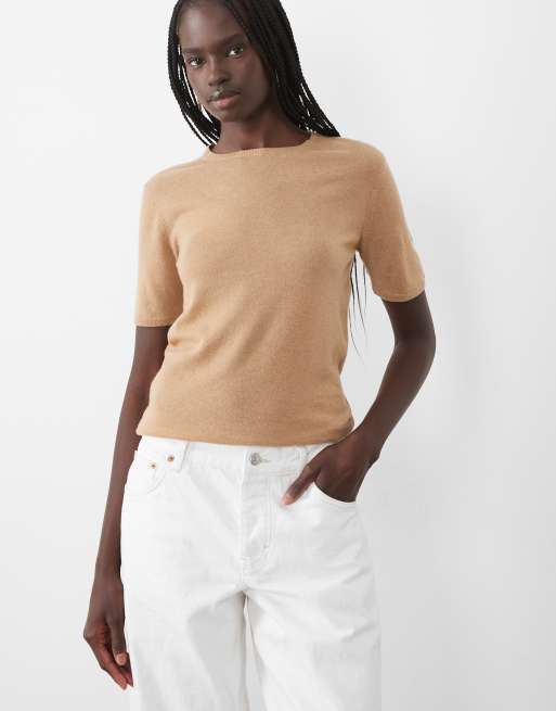 ARKET pure cashmere slim fit short sleeve knit top in dark beige, 3 of 4