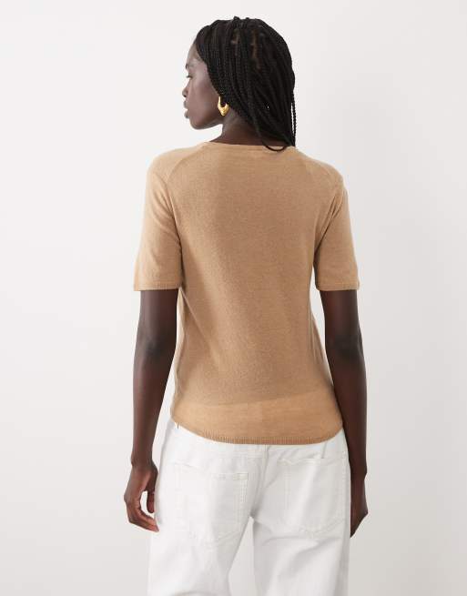 ARKET pure cashmere slim fit short sleeve knit top in dark beige, 4 of 4