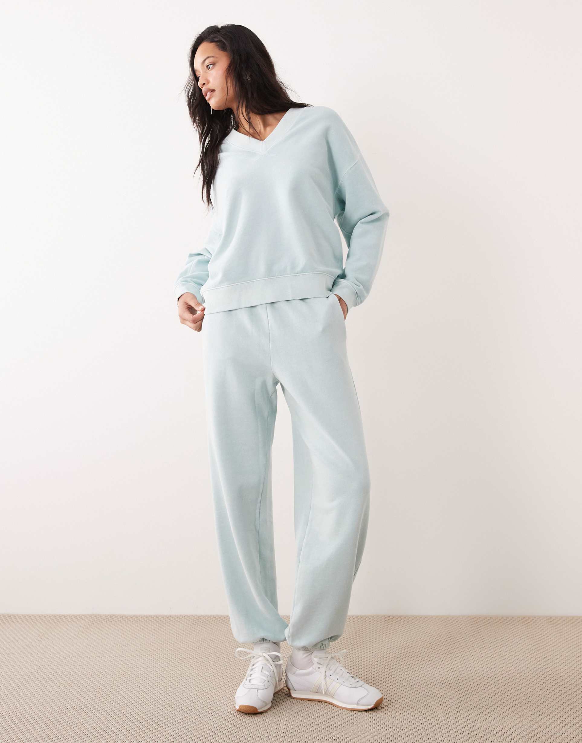 arket pure cotton adjustable wide leg sweatpants in mint green - part of a set