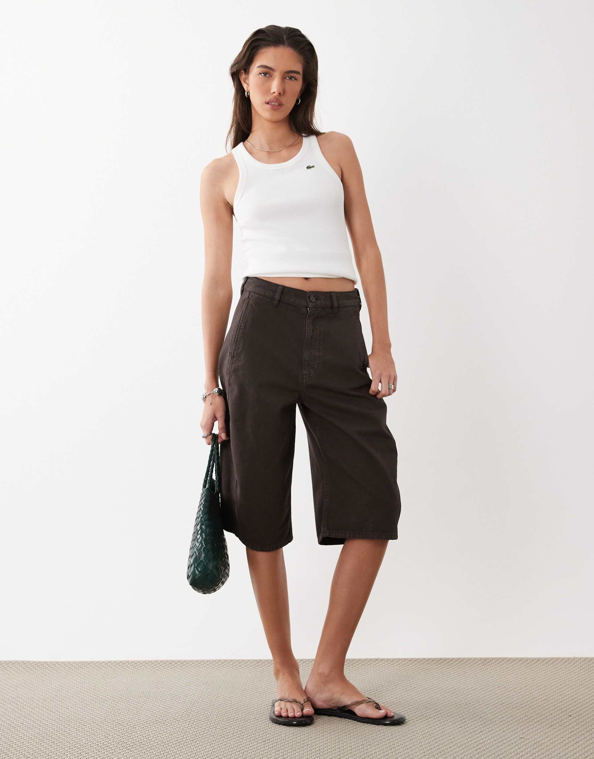 arket pure cotton barrel leg longline shorts in brown