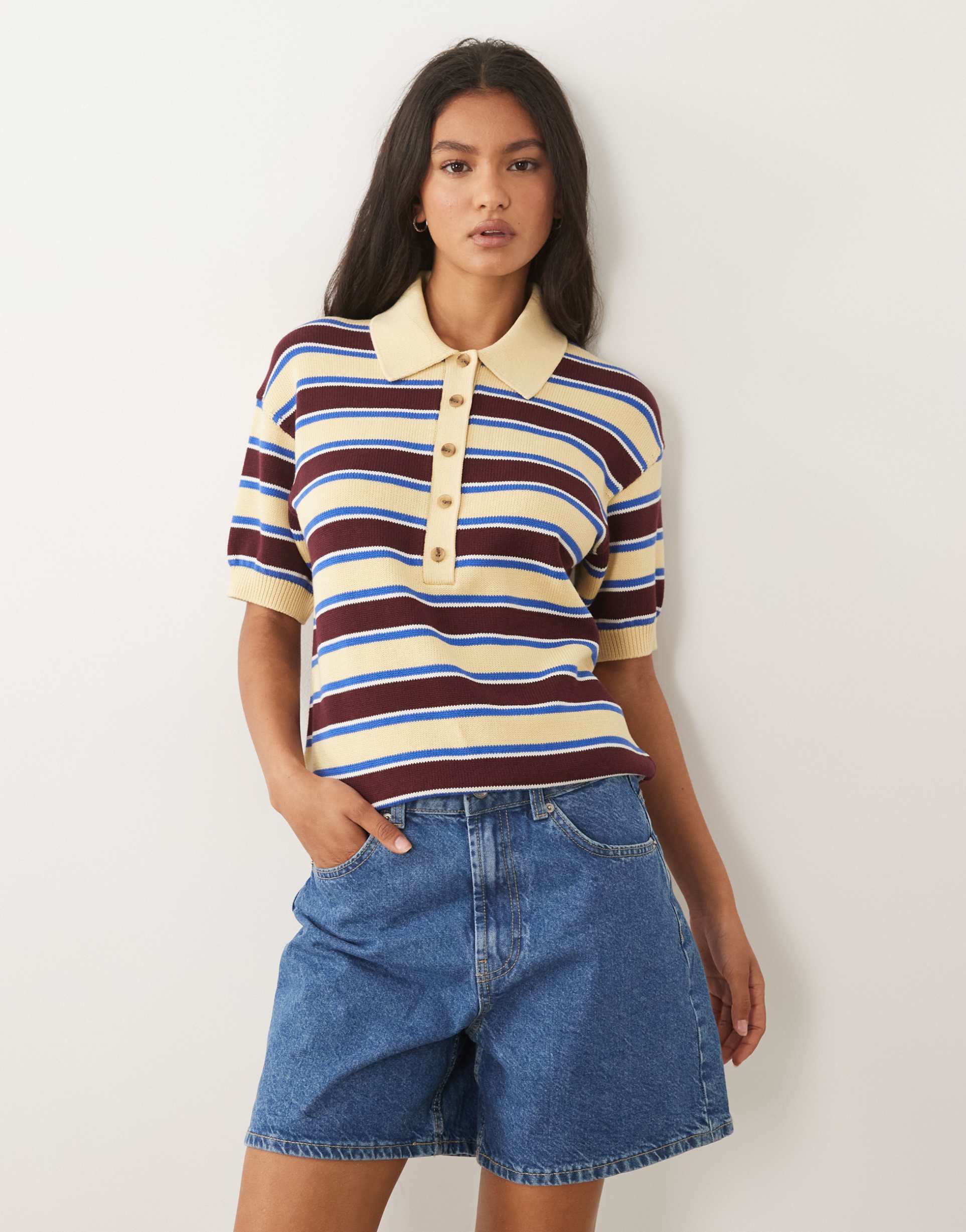 arket pure cotton boxy knit polo top in butter yellow
