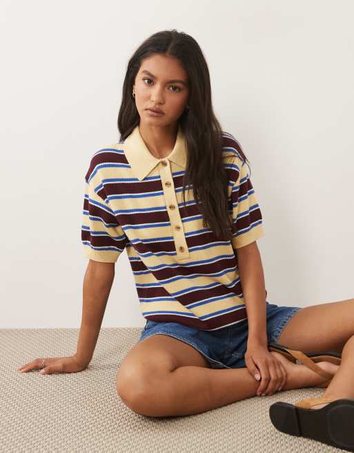 ARKET pure cotton boxy knitted polo top in butter yellow, 3 of 4