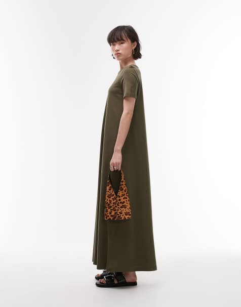 ARKET pure cotton column maxi dress with short sleeves in khaki green - view 1
