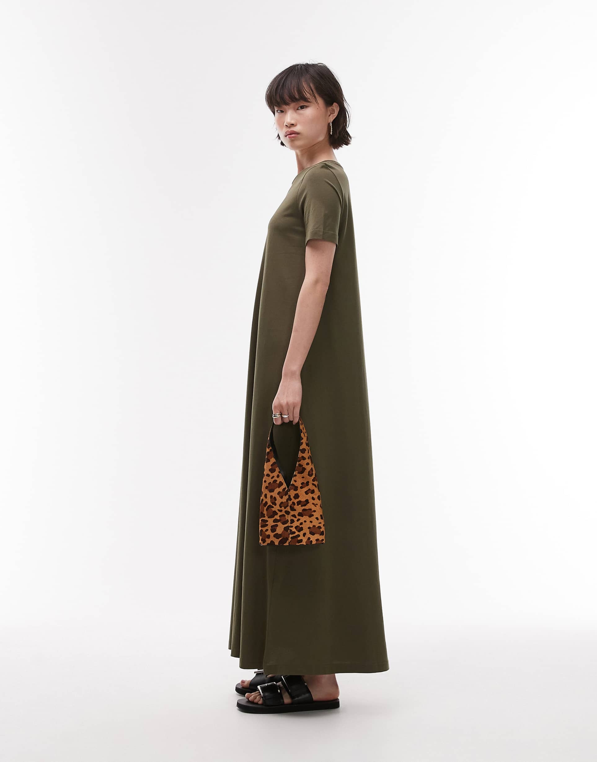 arket pure cotton column maxi dress with short sleeves in khaki green
