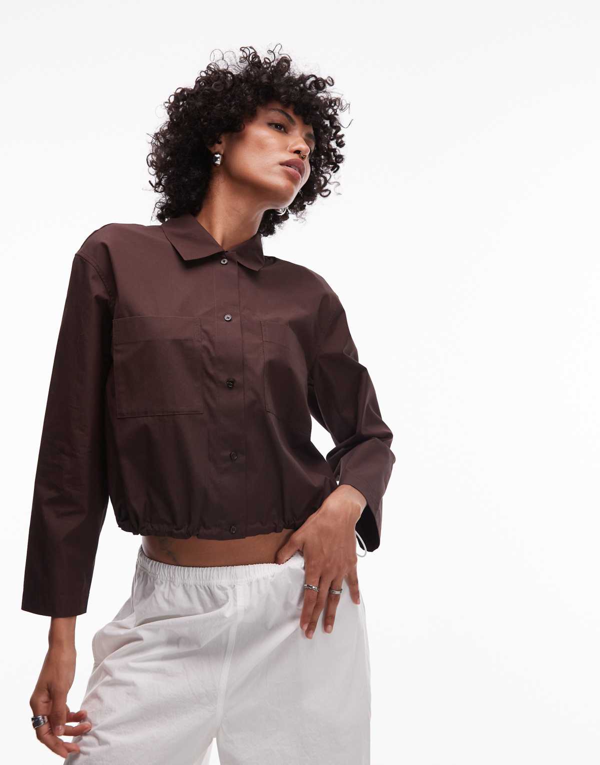 ARKET pure cotton cropped blouson jacket in brown