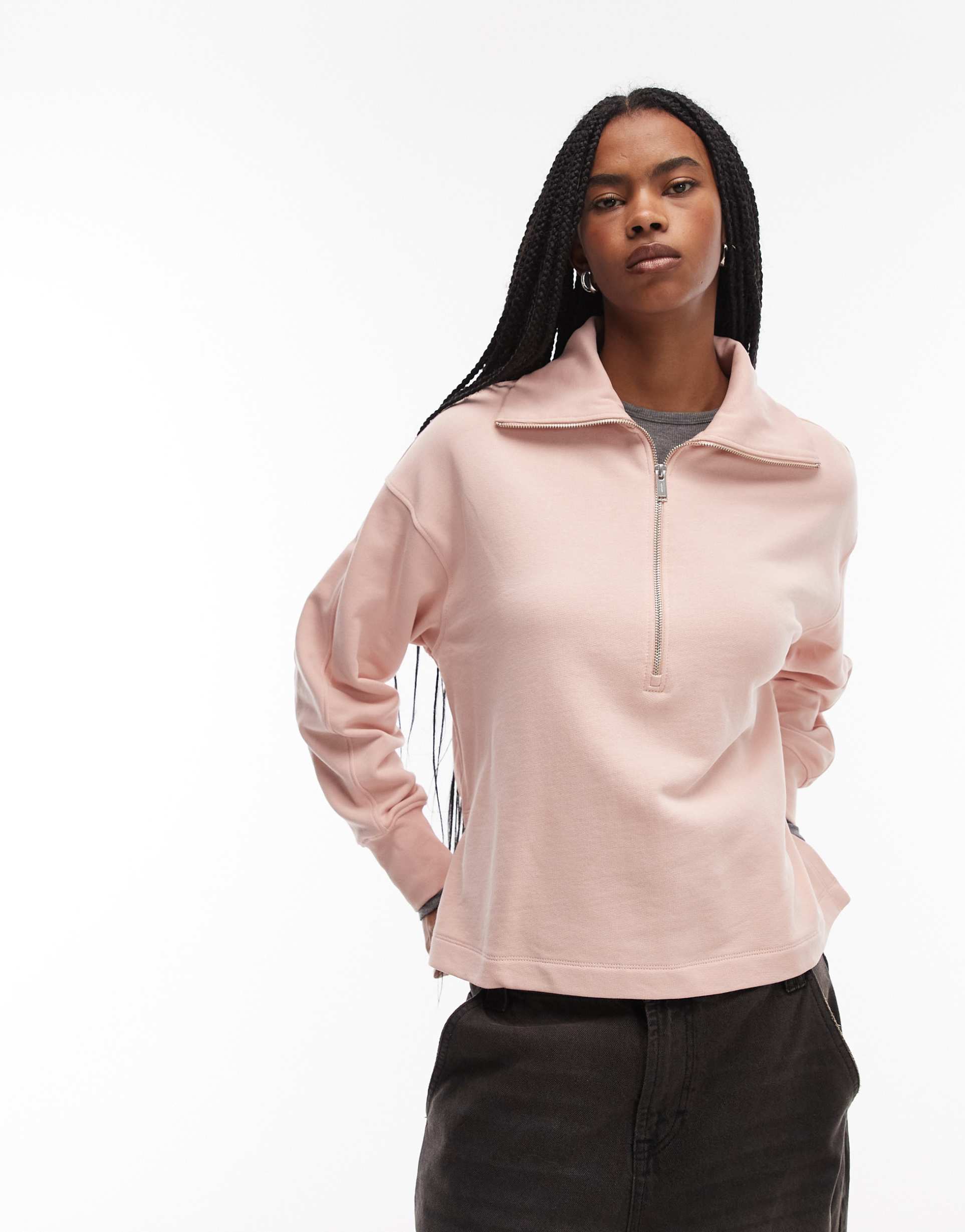 arket pure cotton half zip sweater in light pink