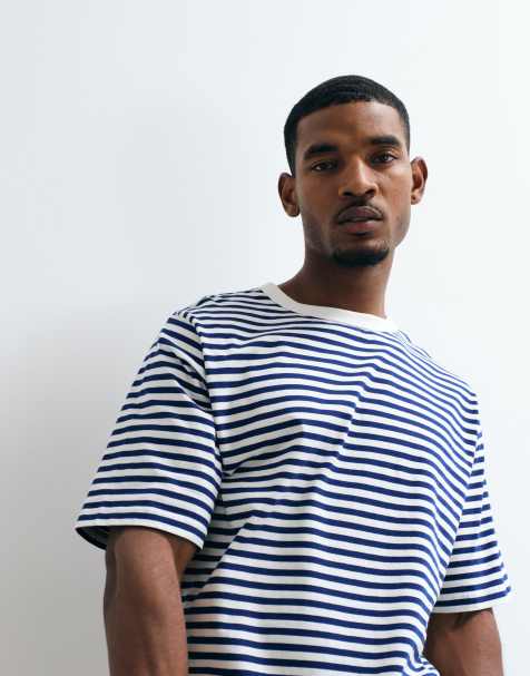 ARKET pure cotton heavyweight oversized fit short sleeve t-shirt in blue stripe - view 1