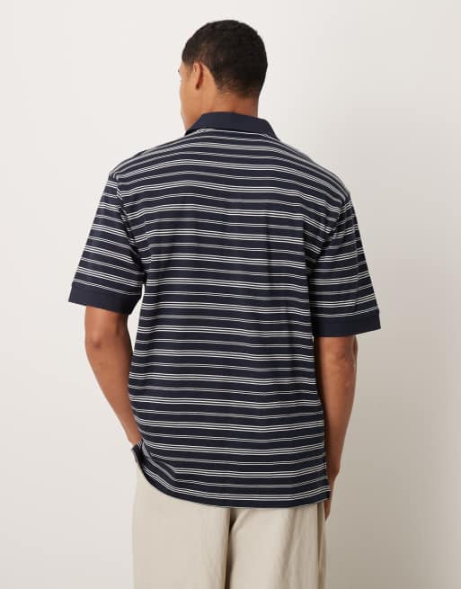 ARKET pure cotton jersey short sleeve polo shirt in blue stripes, 3 of 5