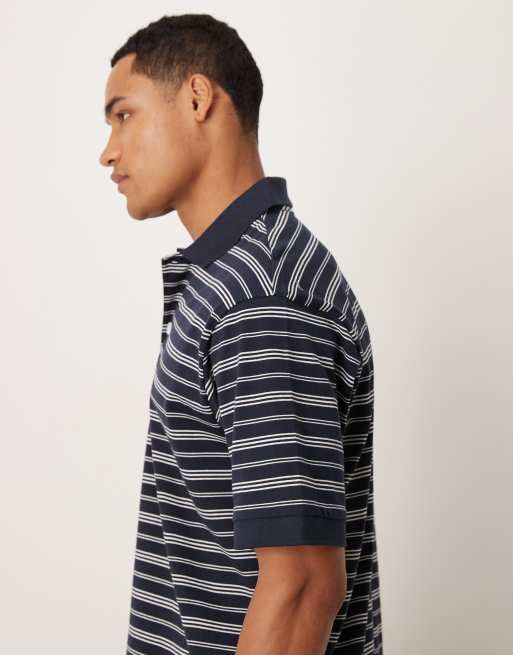 ARKET pure cotton jersey short sleeve polo shirt in blue stripes, 4 of 5