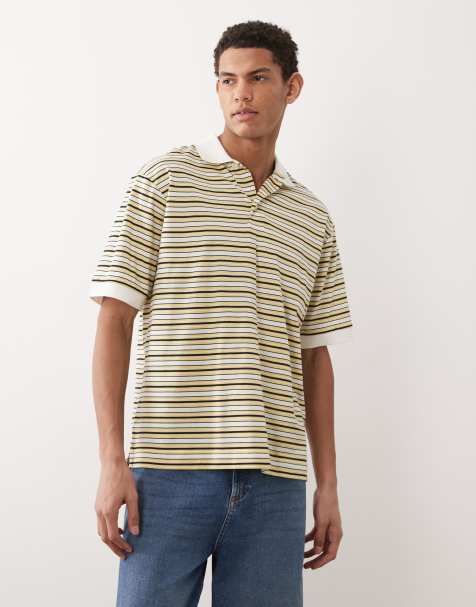 ARKET pure cotton jersey short sleeve polo shirt in yellow multi stripe - view 1