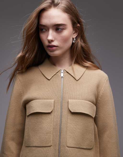 ARKET pure cotton knitted compact utility jacket in dark beige ASOS