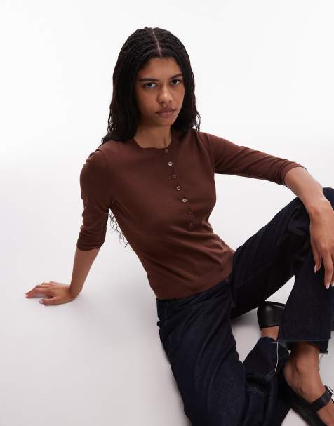 ARKET pure cotton knitted rib henley top with long sleeves in dark brown - view 1