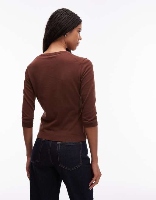 ARKET pure cotton knitted rib henley top with long sleeves in dark brown, 3 of 4