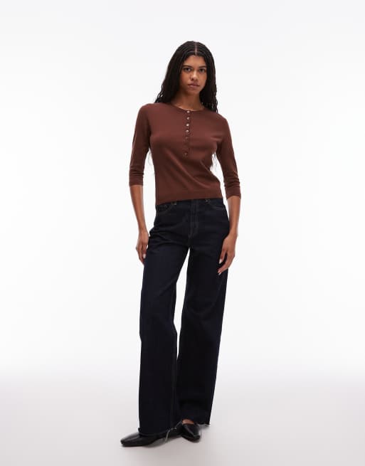 ARKET pure cotton knitted rib henley top with long sleeves in dark brown, 4 of 4