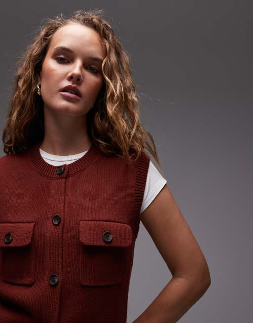 ARKET pure cotton knitted tank vest with button front in rust brown, 2 of 4