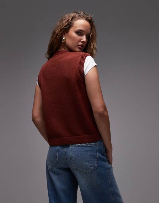 ARKET pure cotton knitted tank vest with button front in rust brown, 4 of 4