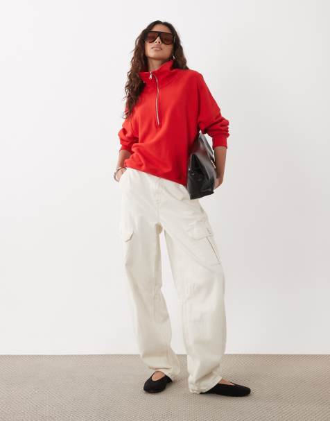 ARKET pure cotton long sleeve half zip athleisure jumper in bright red - view 1