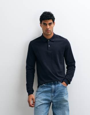 Arket Pure Cotton Long Sleeve Polo Shirt In Navy