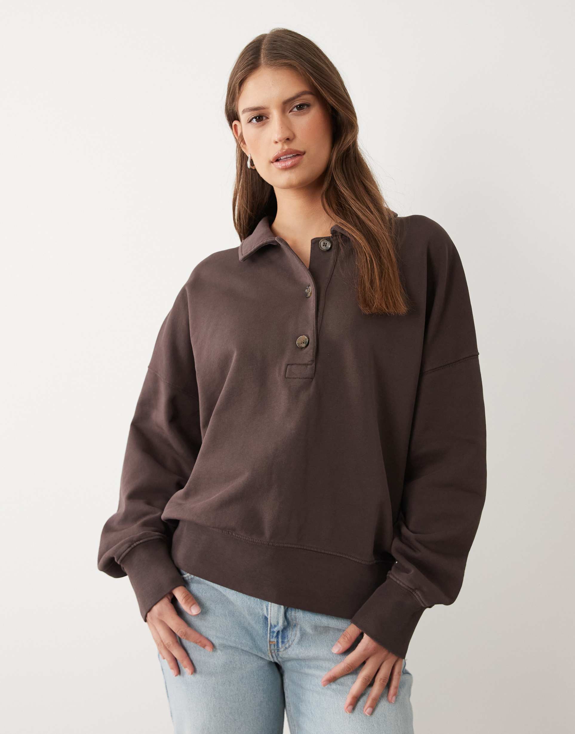 arket pure cotton long sleeve rugby polo sweatshirt in brown