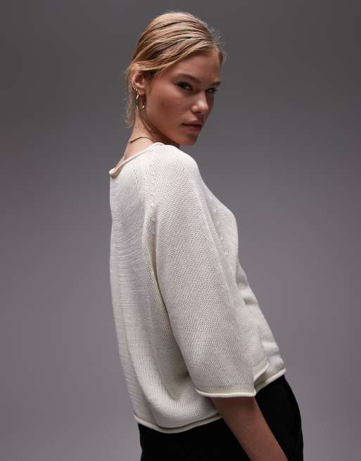 ARKET pure cotton loose knit sweater with 3/4 sleeves in off white, 2 of 4