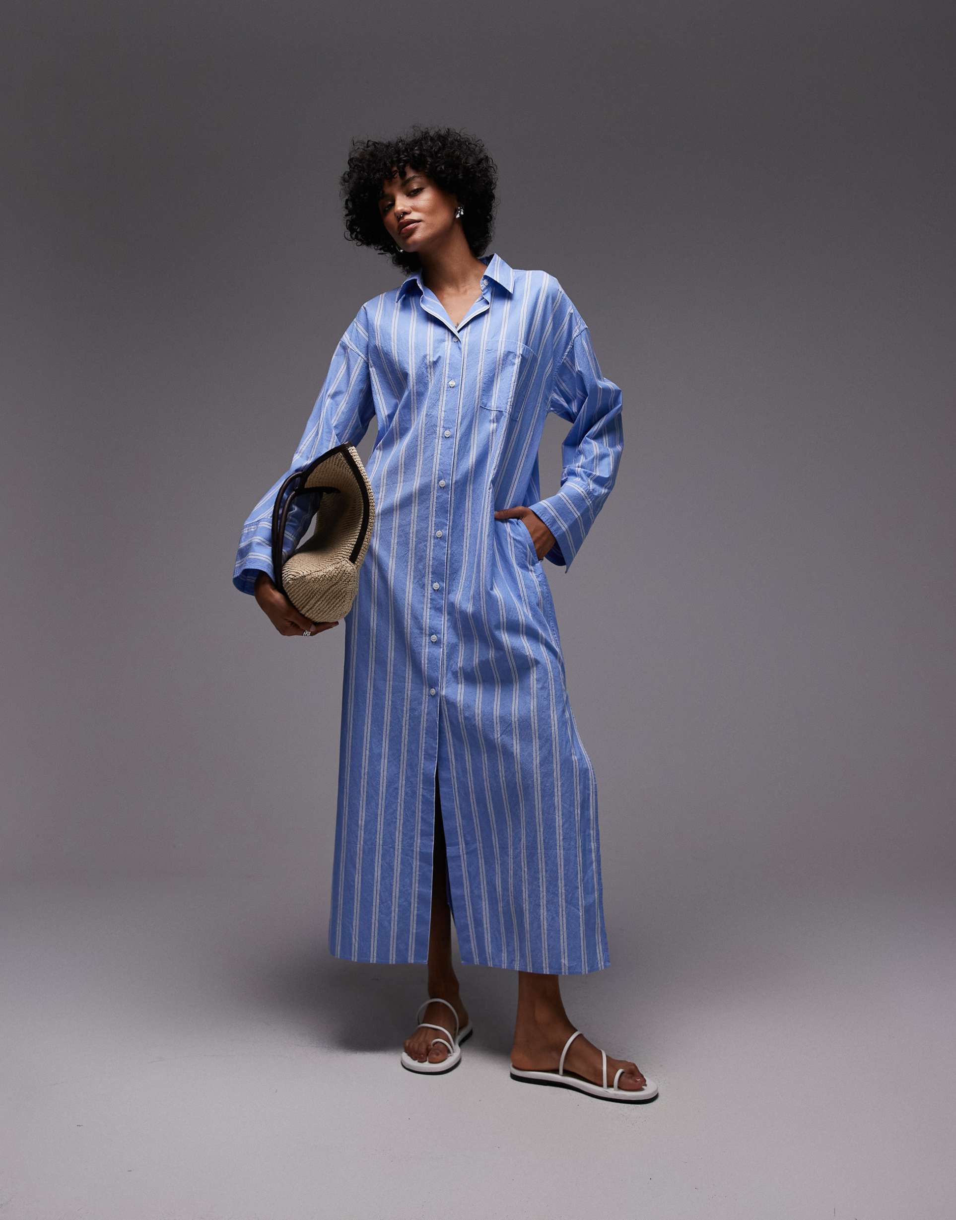 arket pure cotton maxi shirt dress with paneled sleeves and side slits in blue