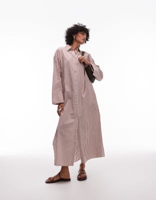 pure cotton maxi shirt dress with paneled sleeves and side slits in brown stripes