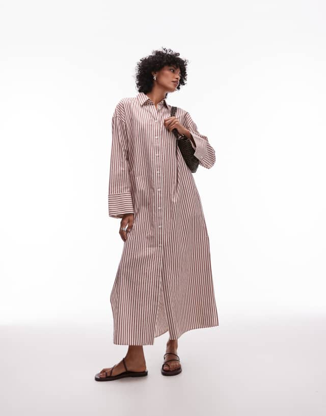 arket striped jersey dress pure cotton maxi shirt with paneled sleeves and side slits in brown stripes COO: not_china