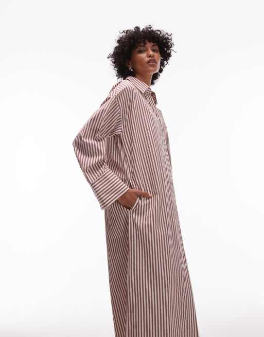 ARKET pure cotton maxi shirt dress with paneled sleeves and side slits in brown stripes