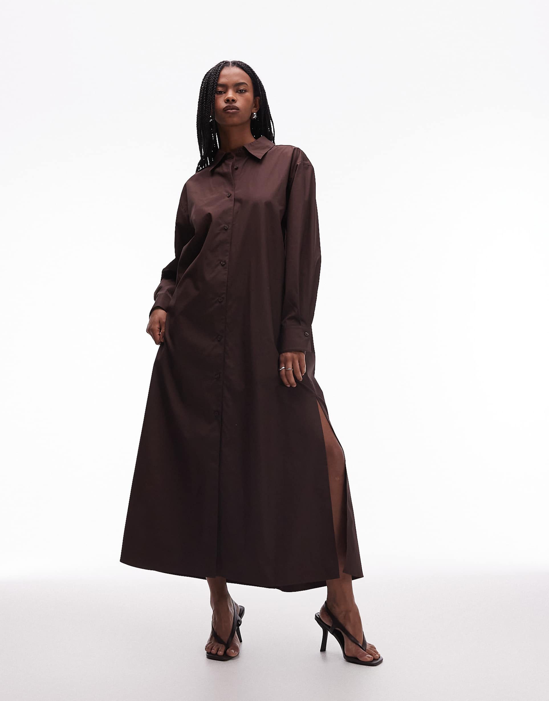arket pure cotton maxi shirt dress with side splits in dark brown