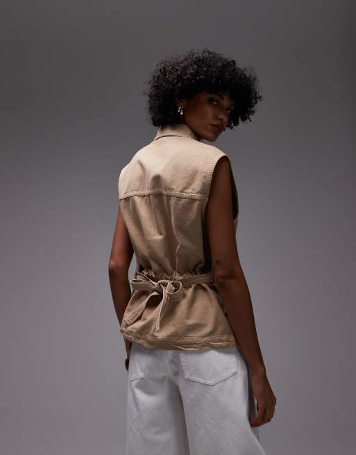 ARKET pure cotton oversized belted workwear vest in beige, 3 of 4