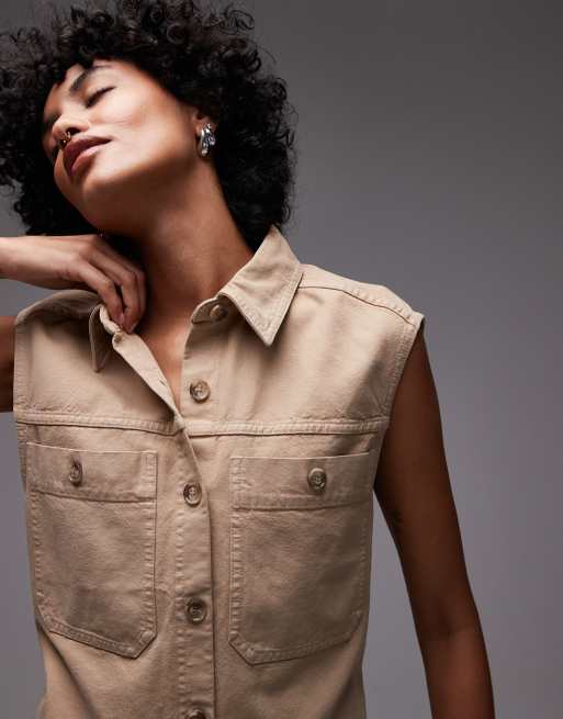 ARKET pure cotton oversized belted workwear vest in beige, 4 of 4