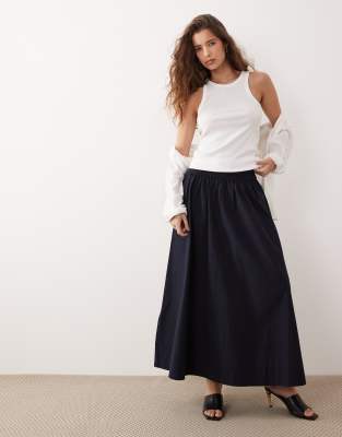 pure cotton pleated maxi skirt in dark blue-Navy