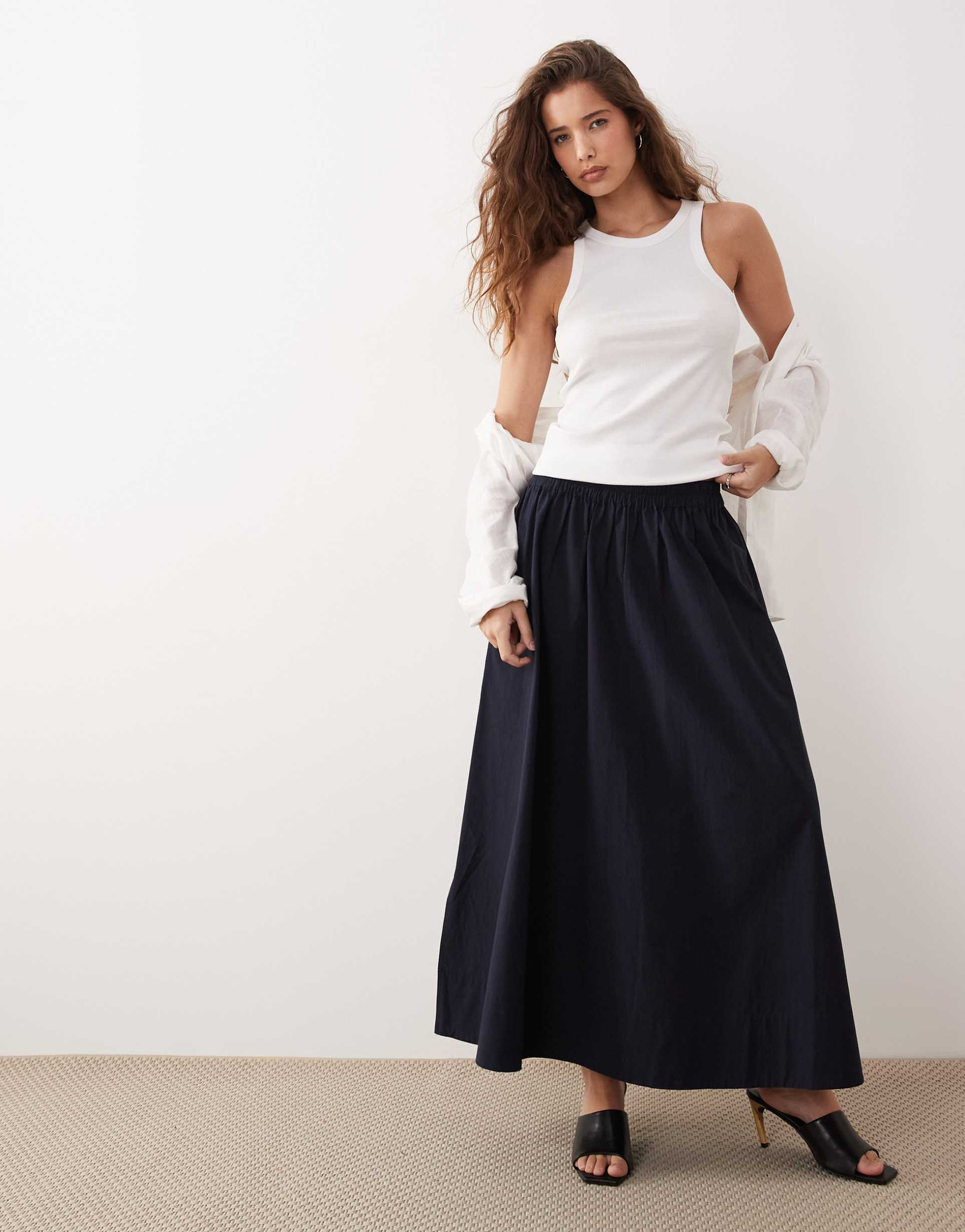 arket pure cotton pleated maxi skirt in dark blue