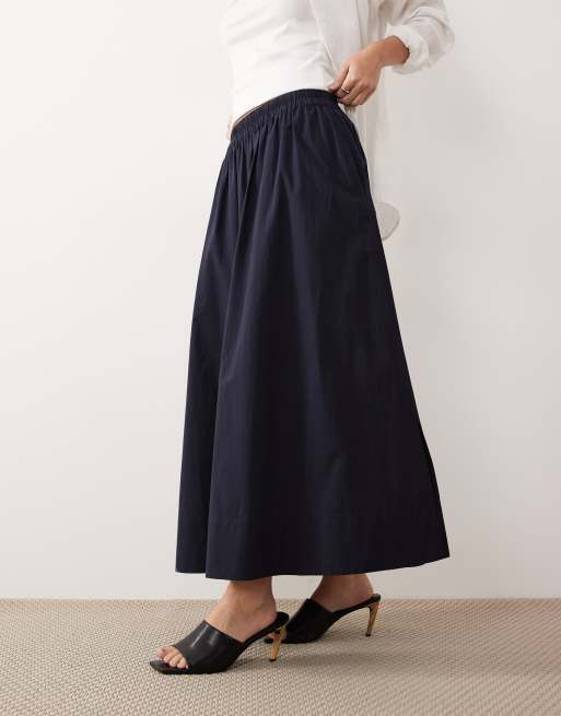 ARKET pure cotton pleated maxi skirt with slit in dark blue, 2 of 5