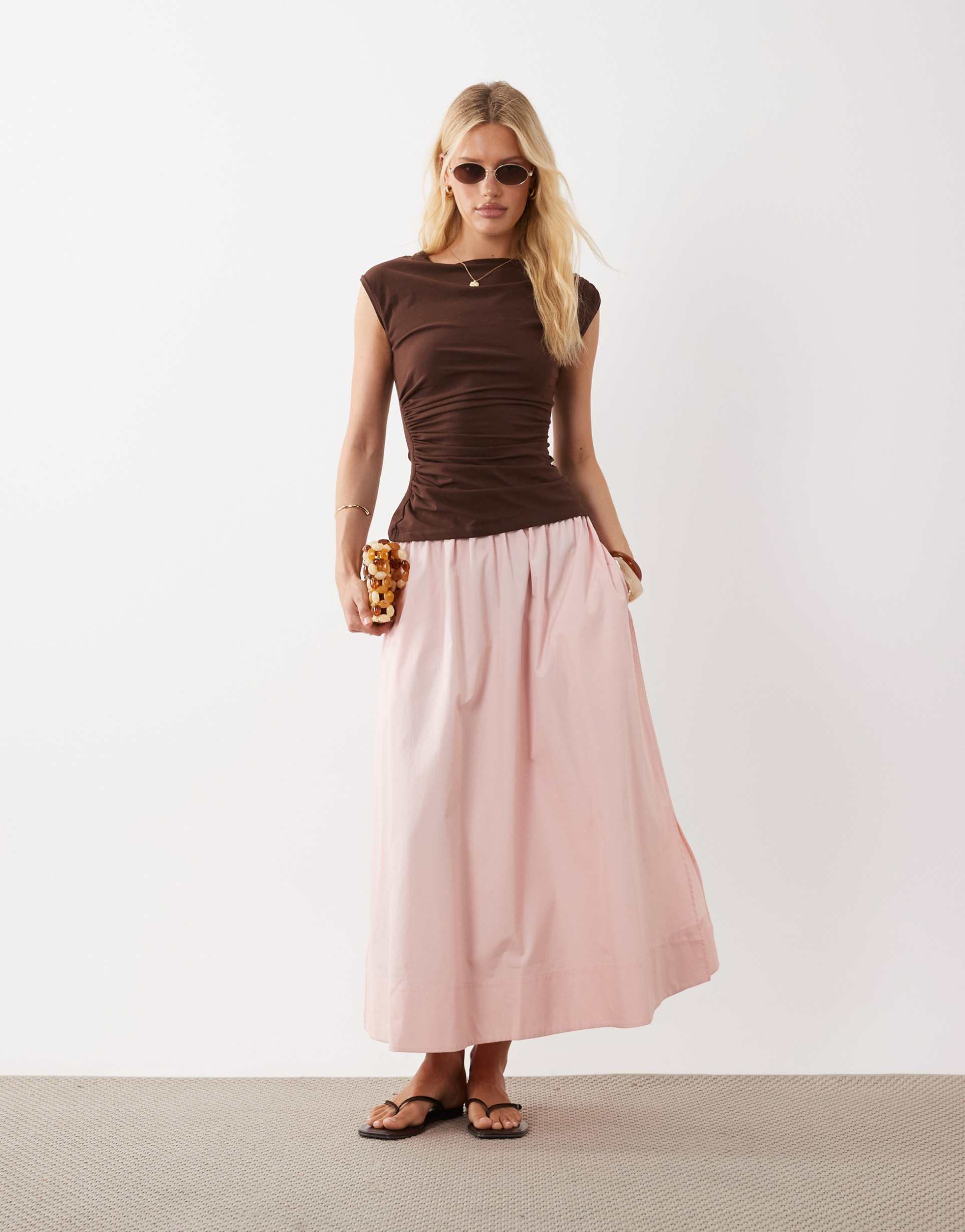 arket pure cotton pleated maxi skirt with slit in light pink