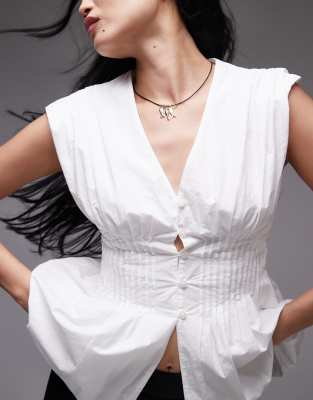ARKET pure cotton poplin pintuck blouse with corset waist in white