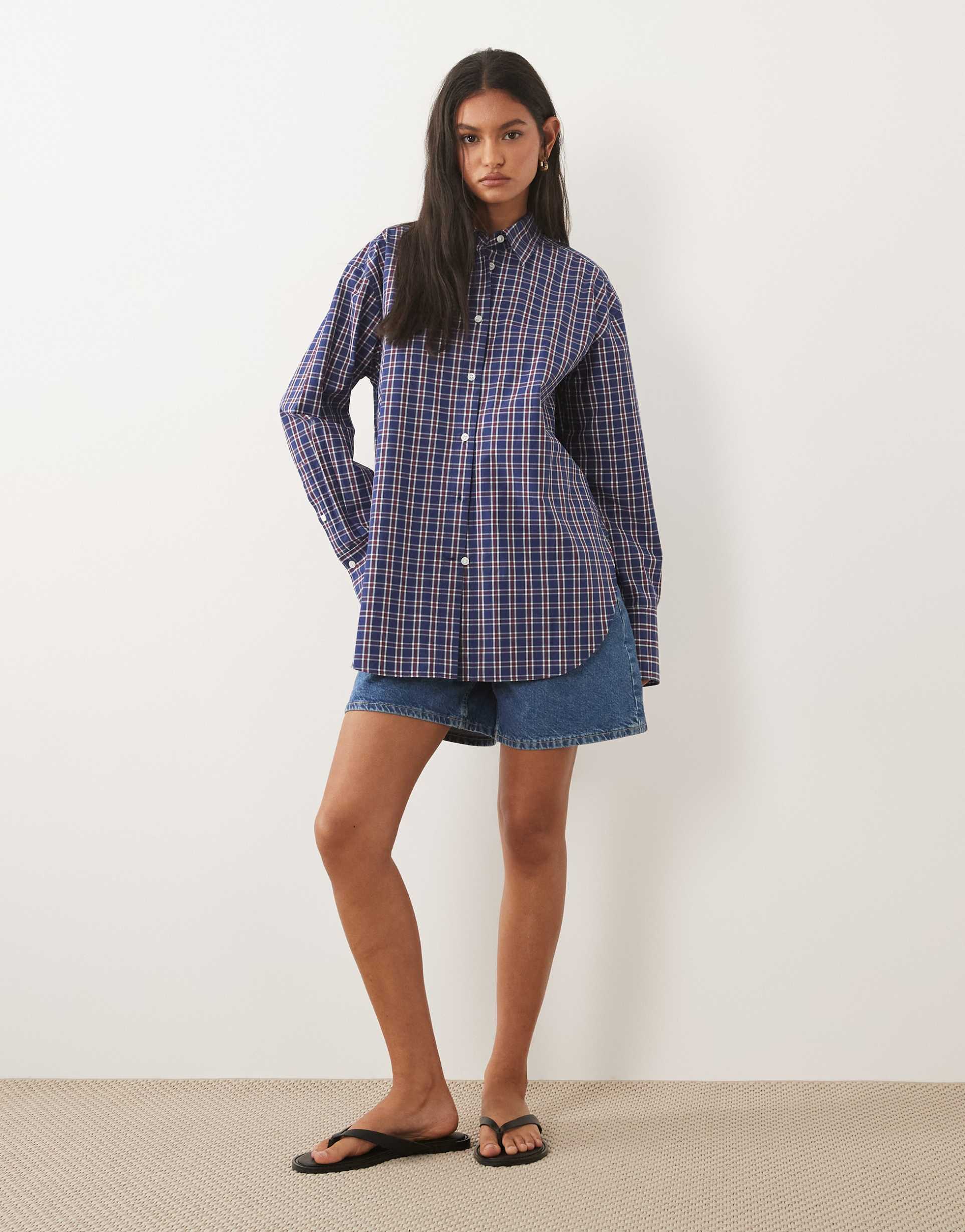 arket pure cotton shirt in blue and burgundy check
