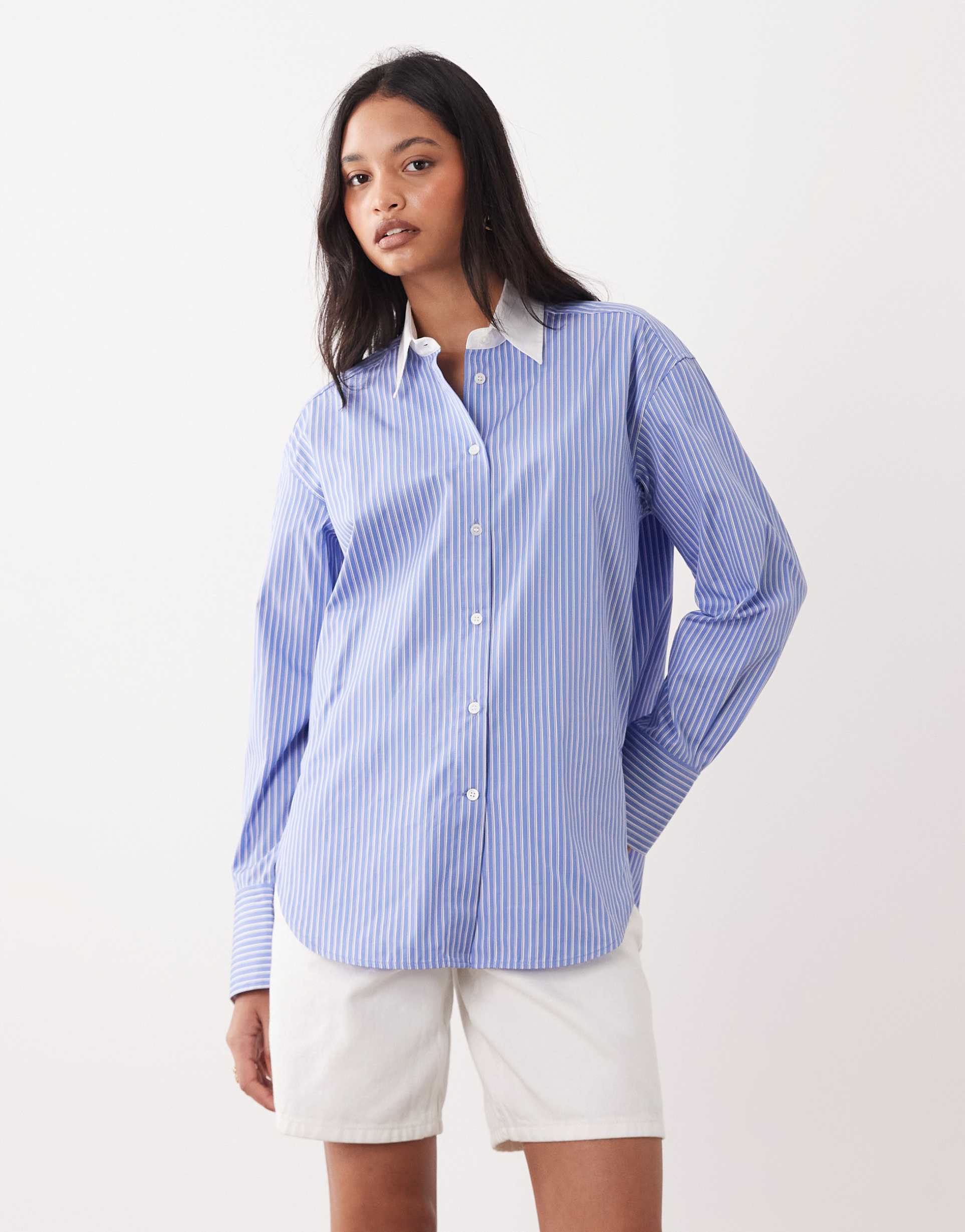 arket pure cotton shirt in blue and white stripe with contrast cuffs