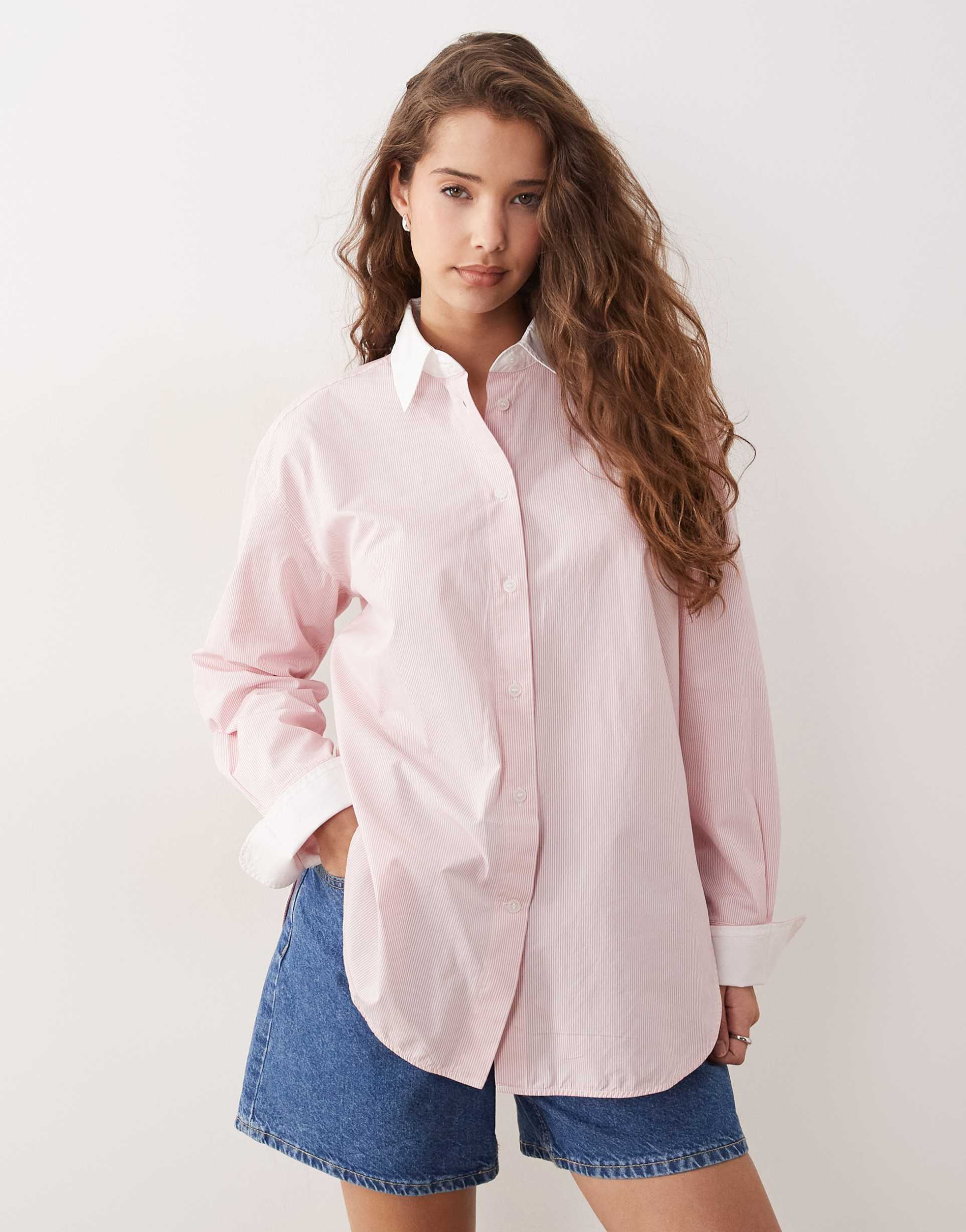 arket pure cotton shirt in pink stripes
