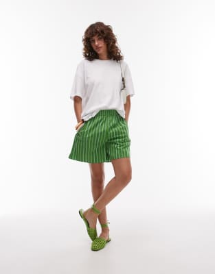 pure cotton shorts with pull-on waist in green stripe