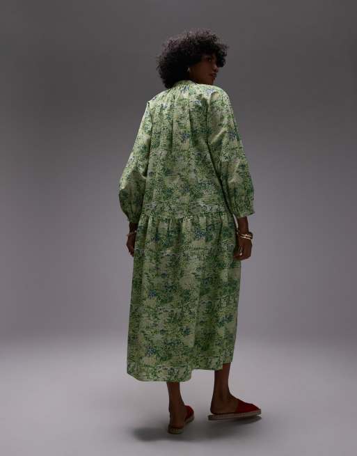 ARKET pure cotton smock midaxi dress with drop waist in green leaf print, 4 of 4