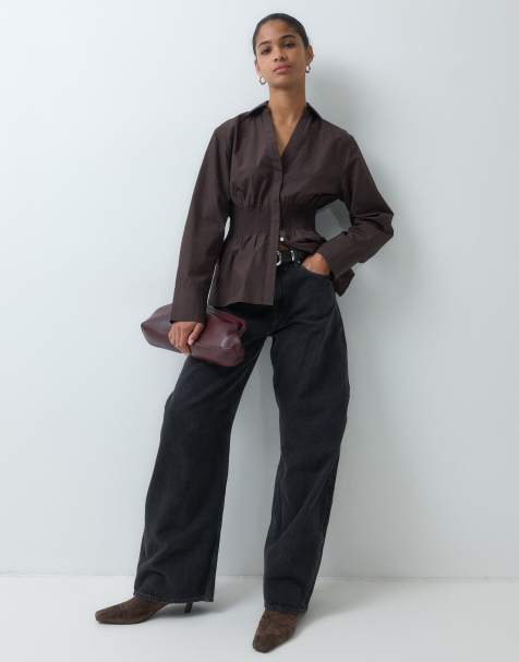 ARKET pure cotton smocked shirt in dark brown - view 1