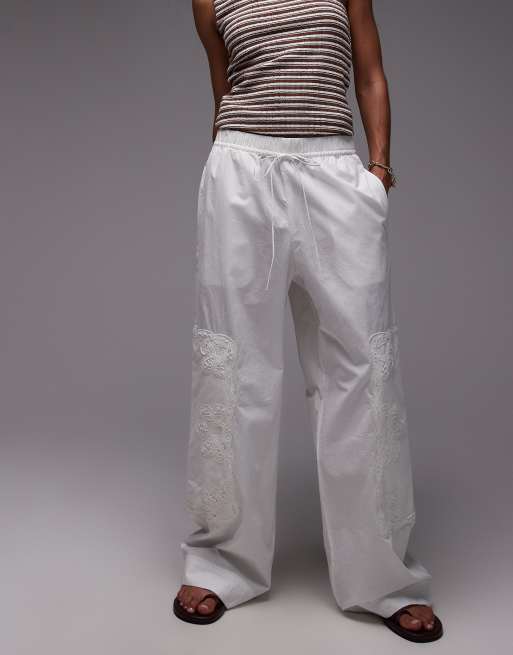 ARKET pure cotton straight leg embroidered trousers in off white